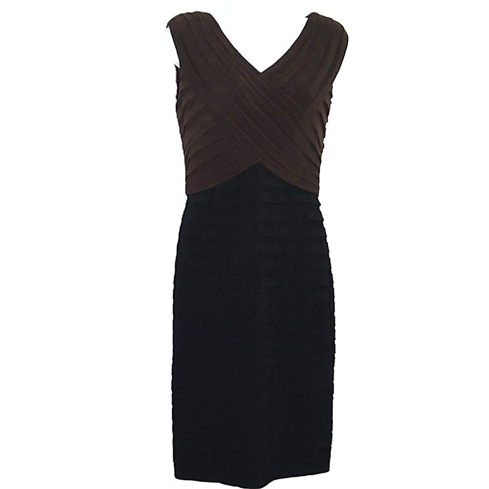 Adrianna Papel Sleeveless Dress Faux Wrap Top Tiered Party Brown & Black Sz 8